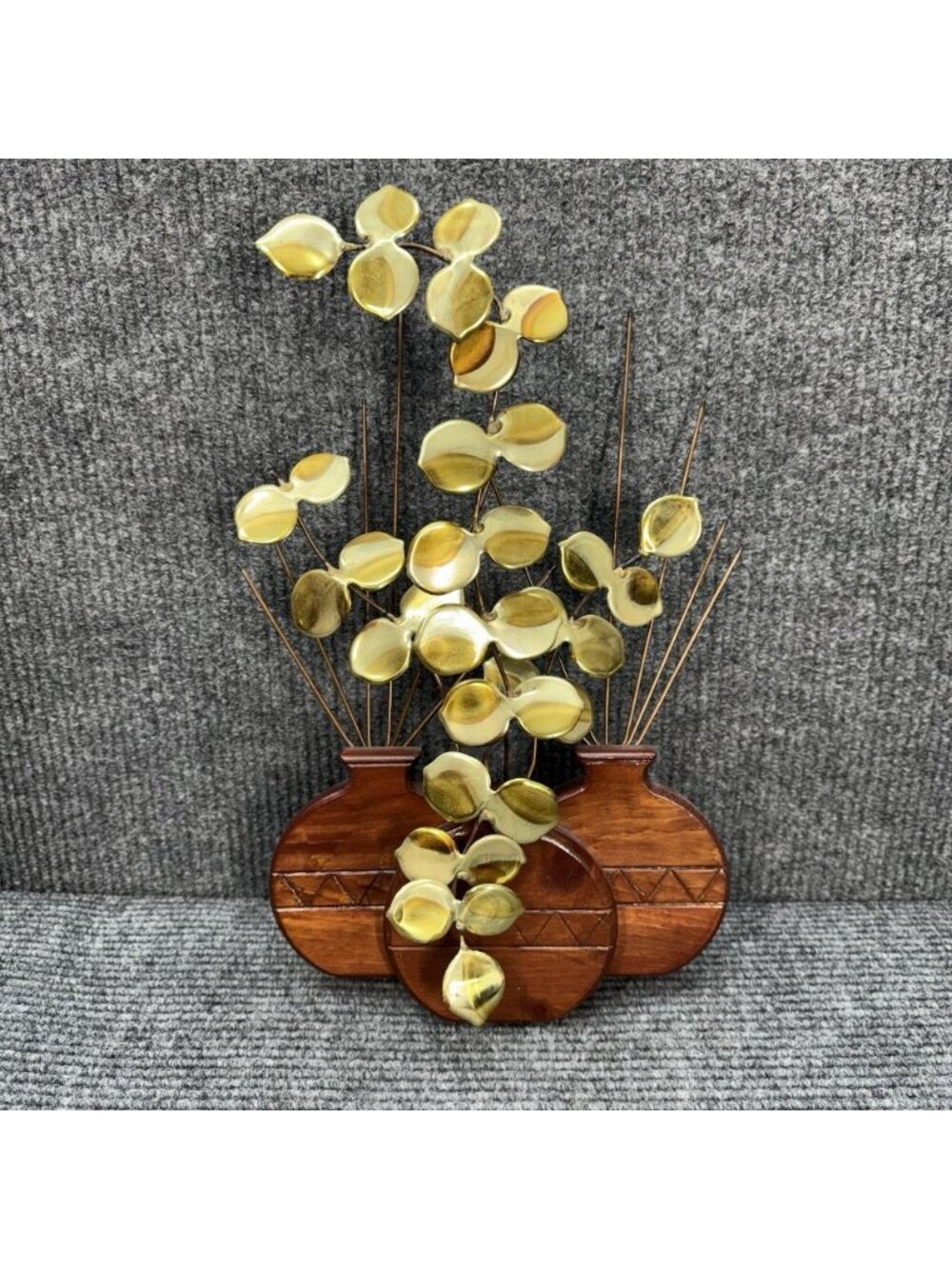 Vintage HOMCO Brass Eucalyptus Leaves Sculpture Wood Planter Plant Decor MCM